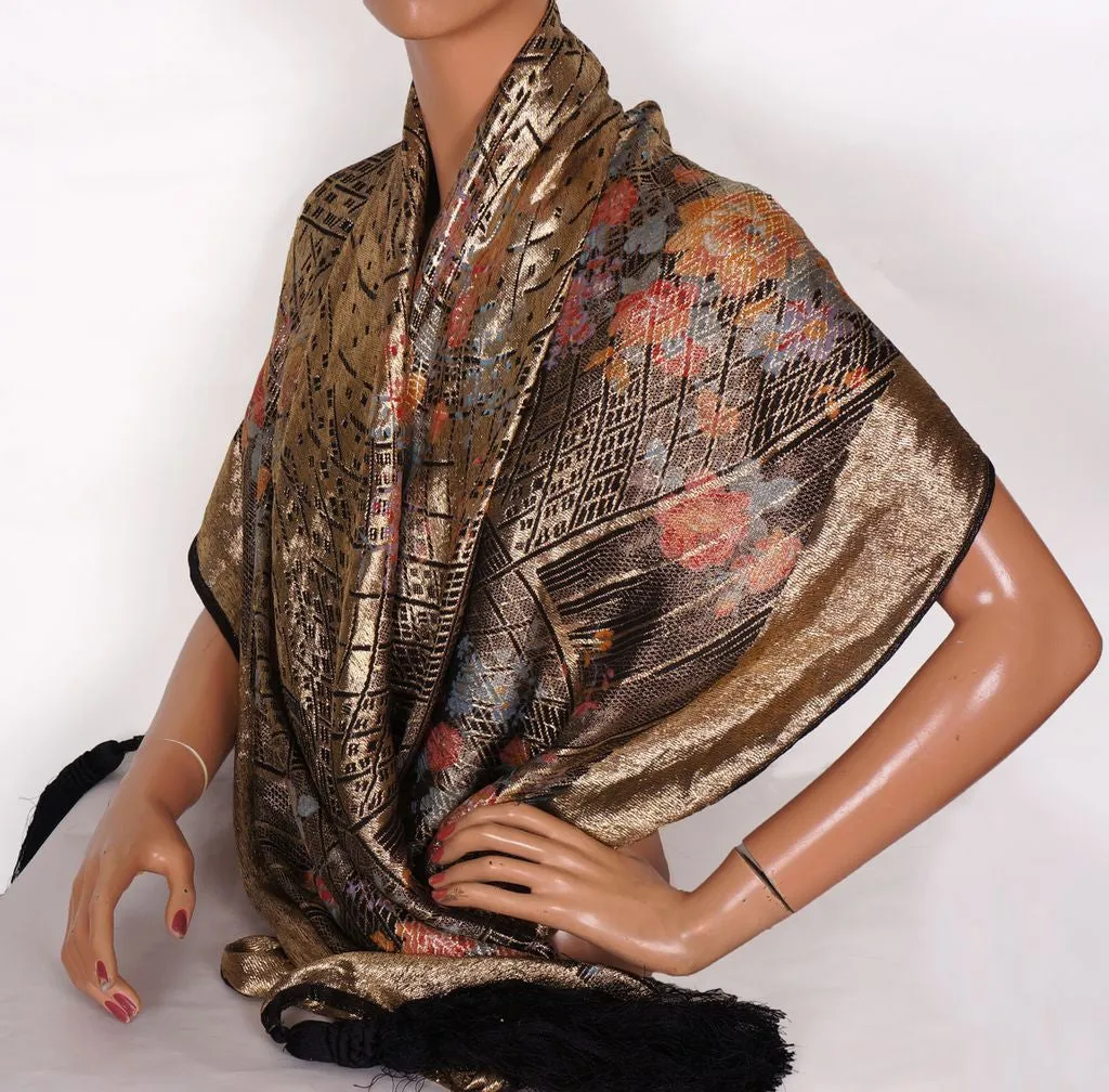 20s Vintage Shawl in Art Deco Gold Lame Floral Pattern w/ Black Tassels