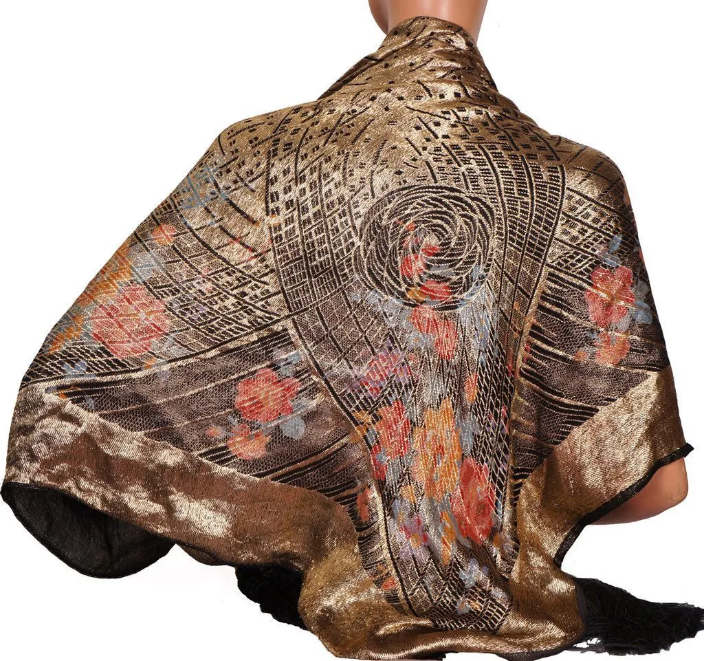 20s Vintage Shawl in Art Deco Gold Lame Floral Pattern w/ Black Tassels