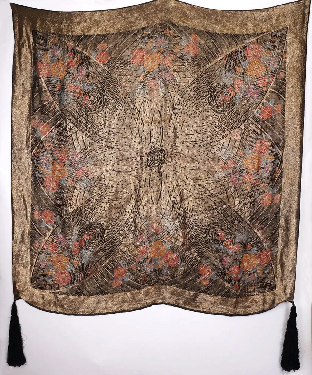20s Vintage Shawl in Art Deco Gold Lame Floral Pattern w/ Black Tassels