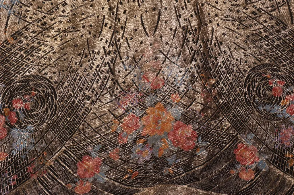 20s Vintage Shawl in Art Deco Gold Lame Floral Pattern w/ Black Tassels