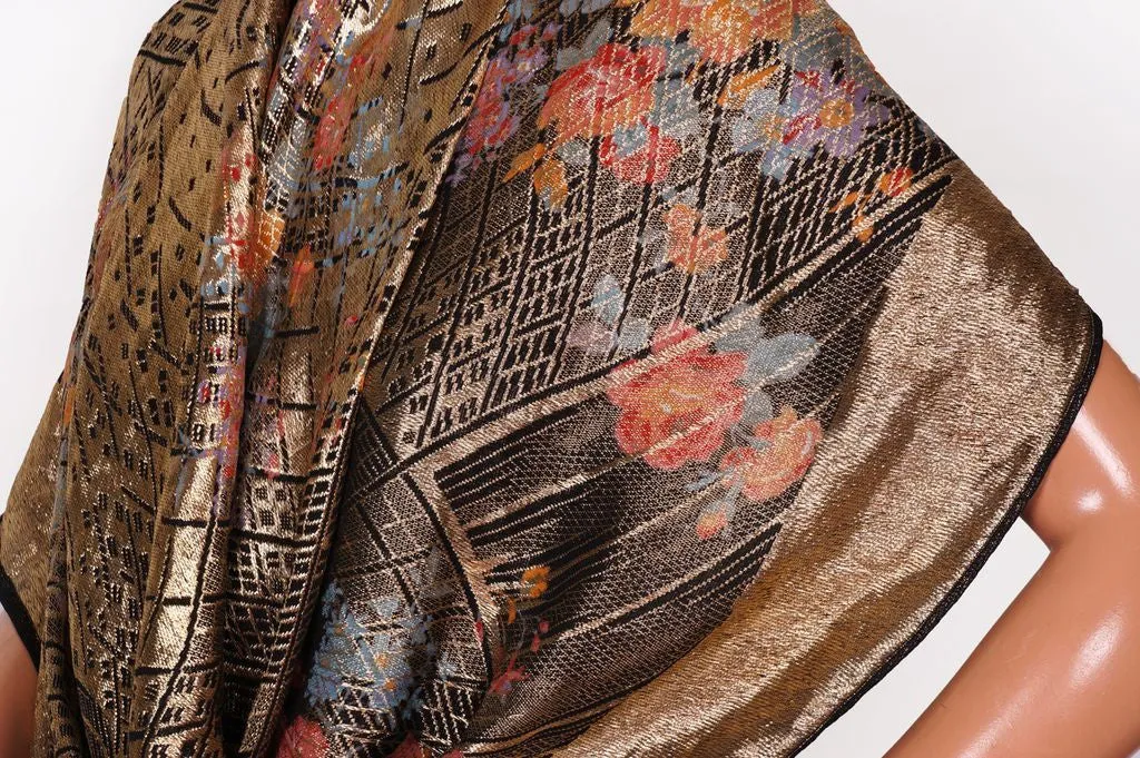 20s Vintage Shawl in Art Deco Gold Lame Floral Pattern w/ Black Tassels