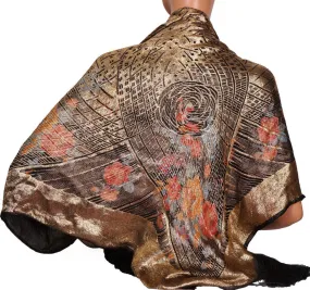 20s Vintage Shawl in Art Deco Gold Lame Floral Pattern w/ Black Tassels