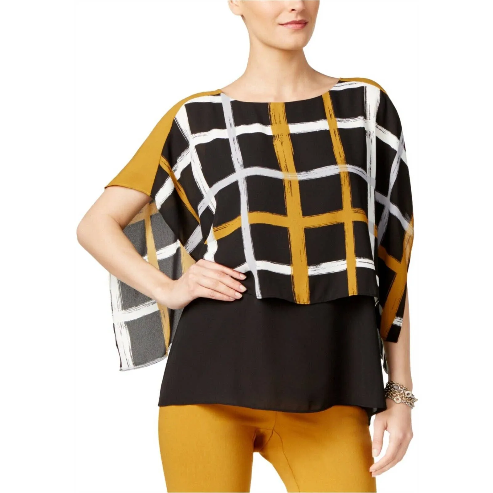 ALFANI LADIES BRUSH STROKE PLAID KIMONO SLEEVE BLOUSE, NWT BLK, NWT!