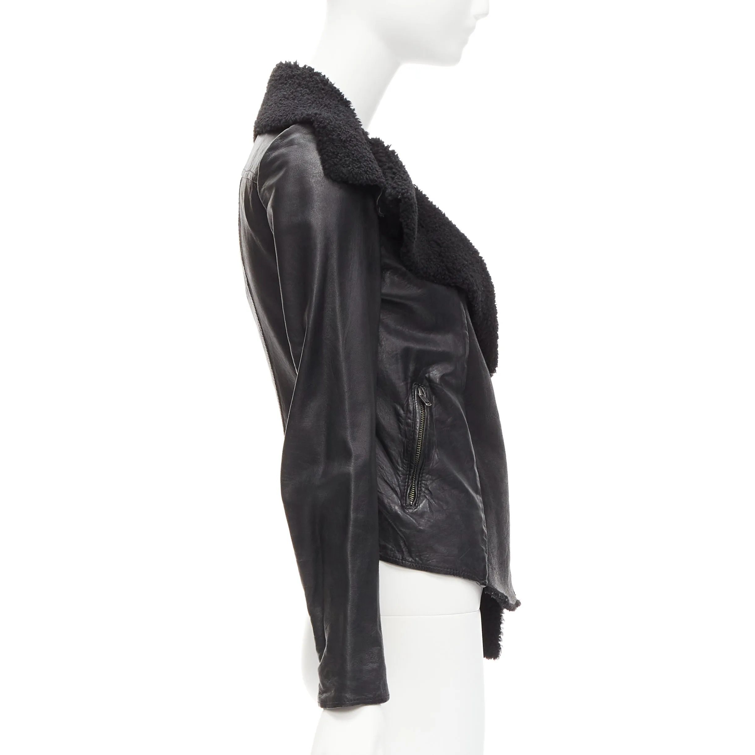 ALL SAINTS Nene black sheepskin leather shearling lined biker jacket UK8 S