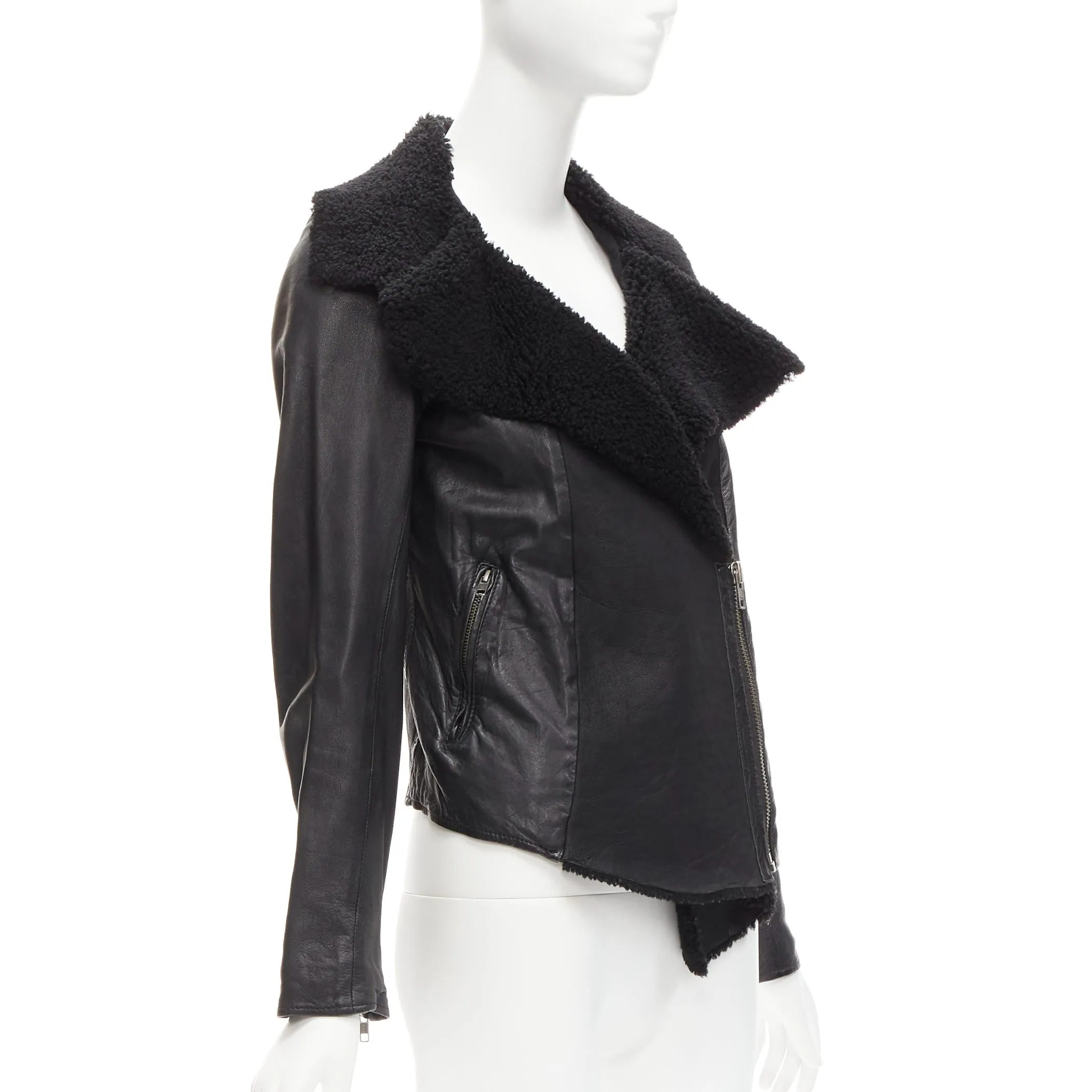 ALL SAINTS Nene black sheepskin leather shearling lined biker jacket UK8 S