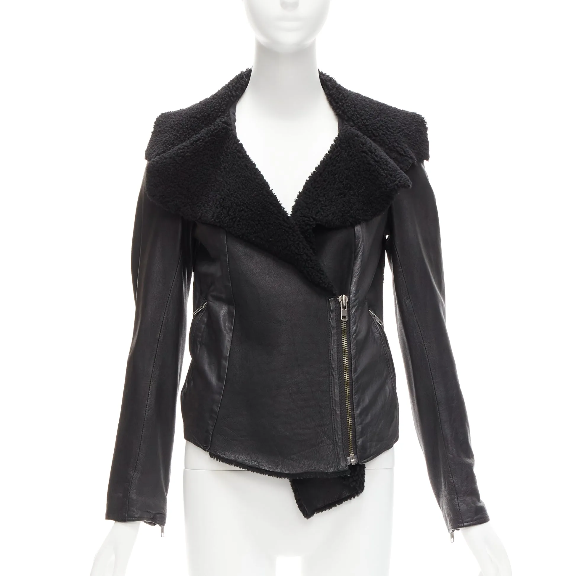 ALL SAINTS Nene black sheepskin leather shearling lined biker jacket UK8 S