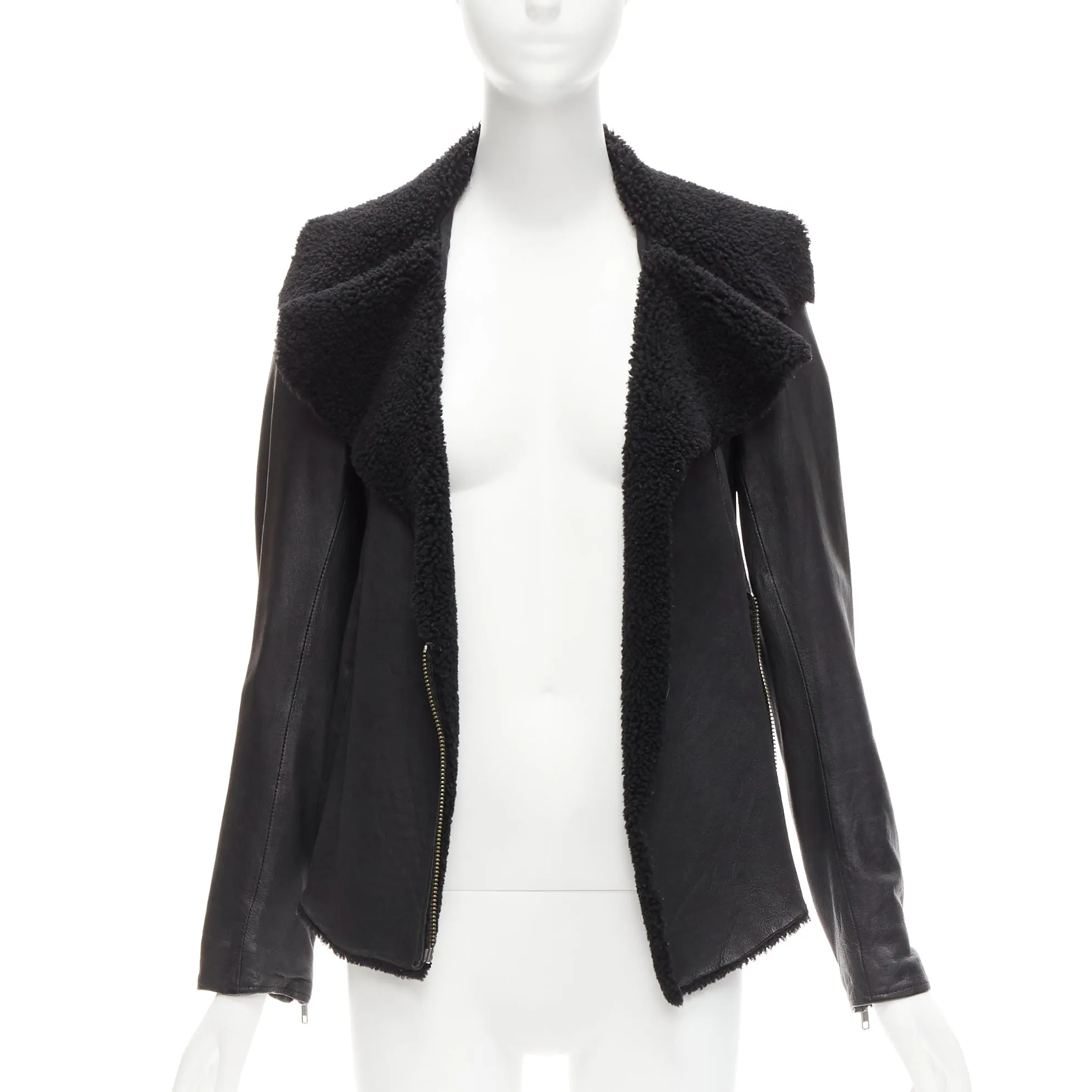 ALL SAINTS Nene black sheepskin leather shearling lined biker jacket UK8 S