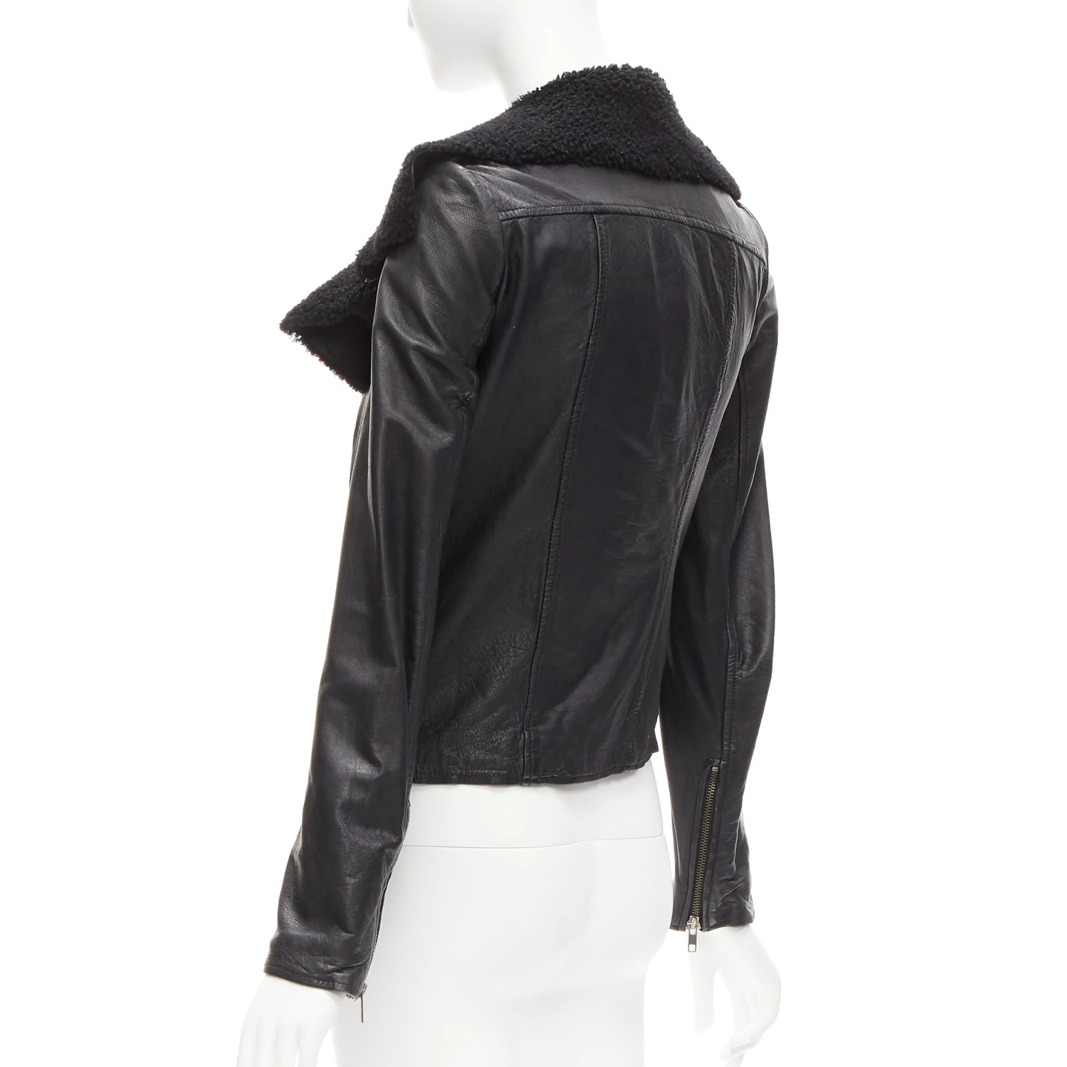 ALL SAINTS Nene black sheepskin leather shearling lined biker jacket UK8 S
