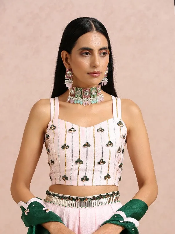 Baby Pink Silk Palazzo Co-Ord Set With Emerald Cape (Set of 3)