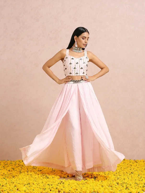 Baby Pink Silk Palazzo Co-Ord Set With Emerald Cape (Set of 3)
