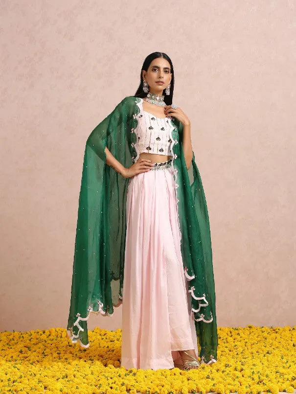 Baby Pink Silk Palazzo Co-Ord Set With Emerald Cape (Set of 3)