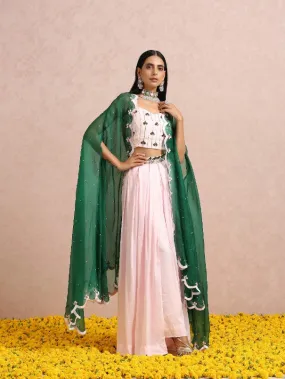 Baby Pink Silk Palazzo Co-Ord Set With Emerald Cape (Set of 3)