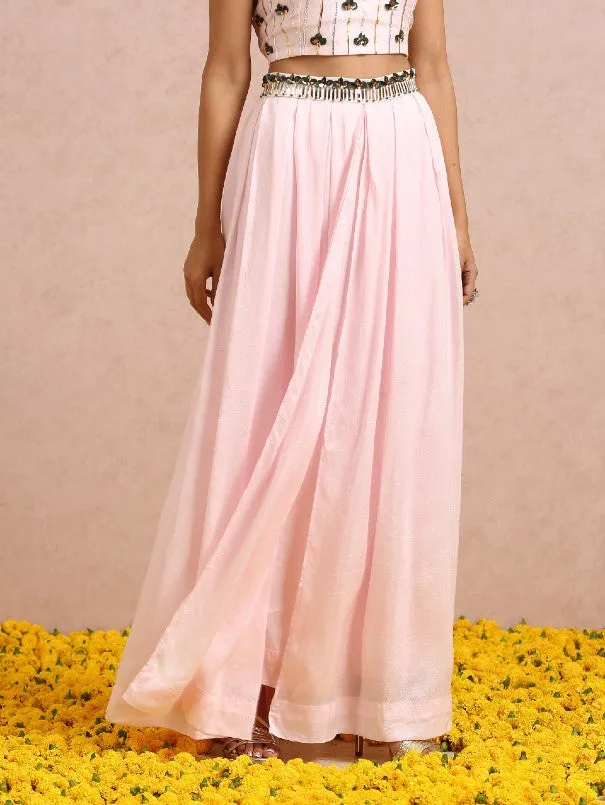 Baby Pink Silk Palazzo Co-Ord Set With Emerald Cape (Set of 3)