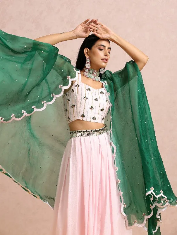 Baby Pink Silk Palazzo Co-Ord Set With Emerald Cape (Set of 3)