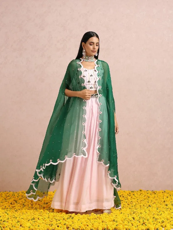 Baby Pink Silk Palazzo Co-Ord Set With Emerald Cape (Set of 3)