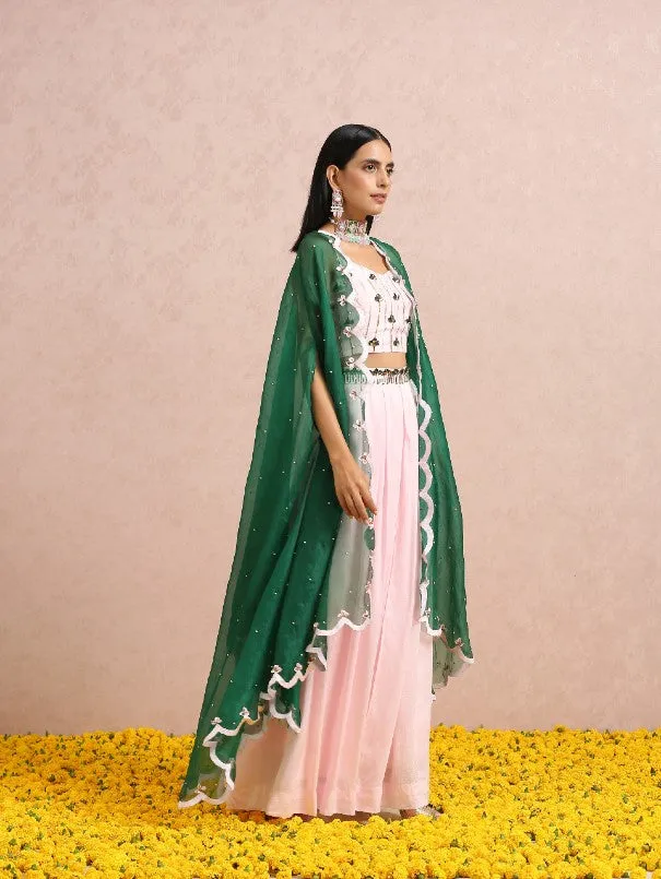Baby Pink Silk Palazzo Co-Ord Set With Emerald Cape (Set of 3)