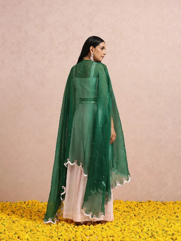 Baby Pink Silk Palazzo Co-Ord Set With Emerald Cape (Set of 3)