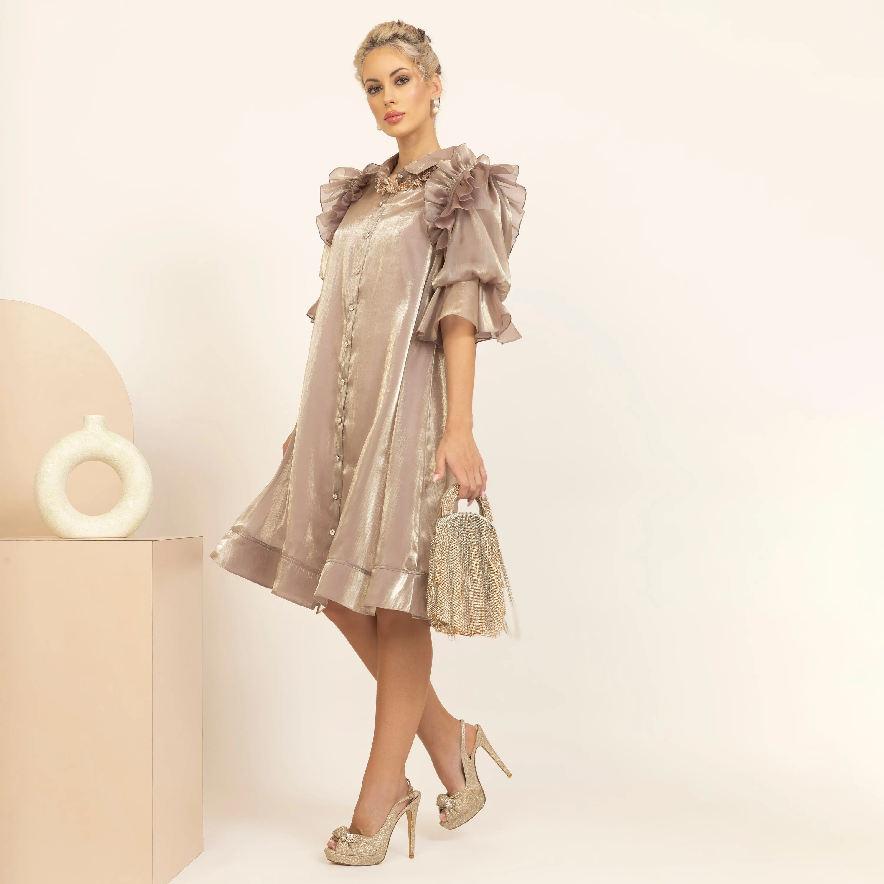 Beige Satin Organza Puff Frill Jacket With Speghetti Inner