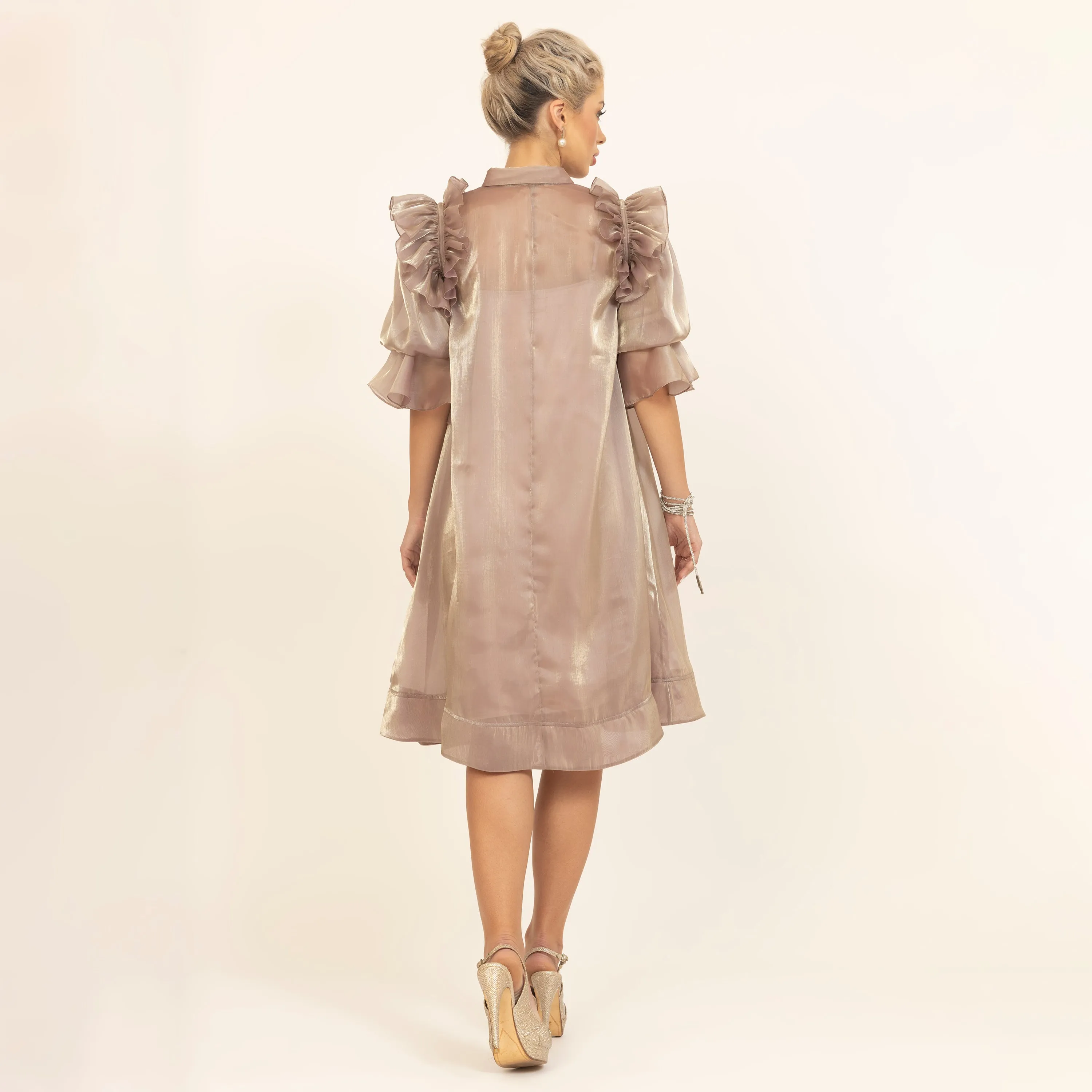 Beige Satin Organza Puff Frill Jacket With Speghetti Inner