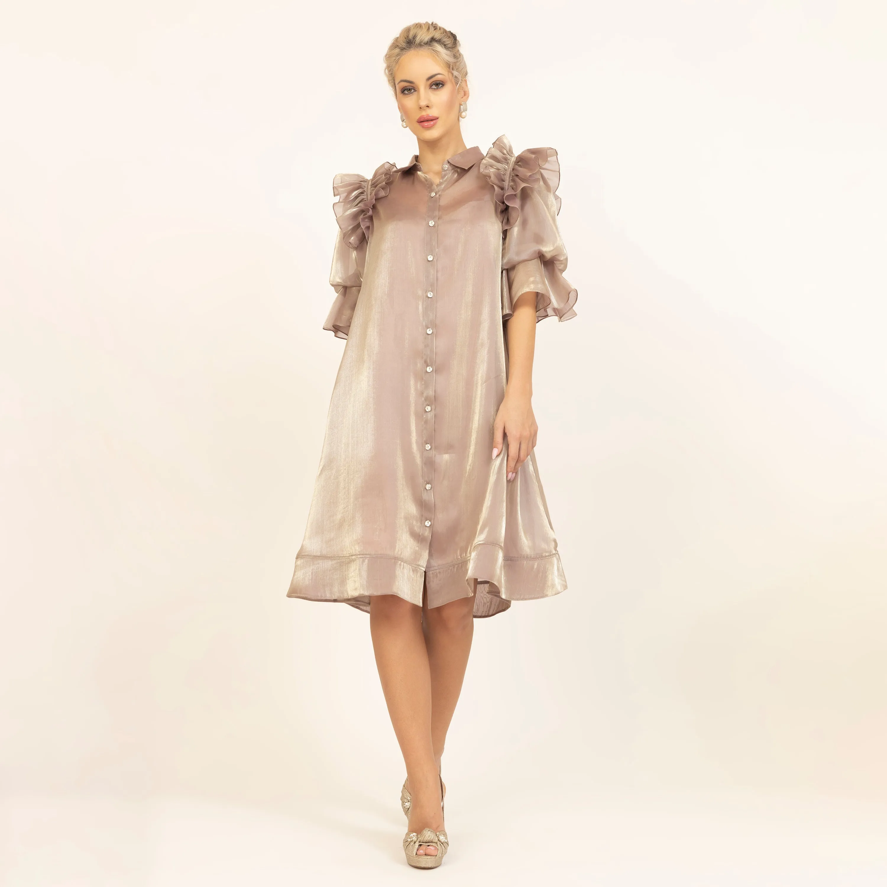Beige Satin Organza Puff Frill Jacket With Speghetti Inner