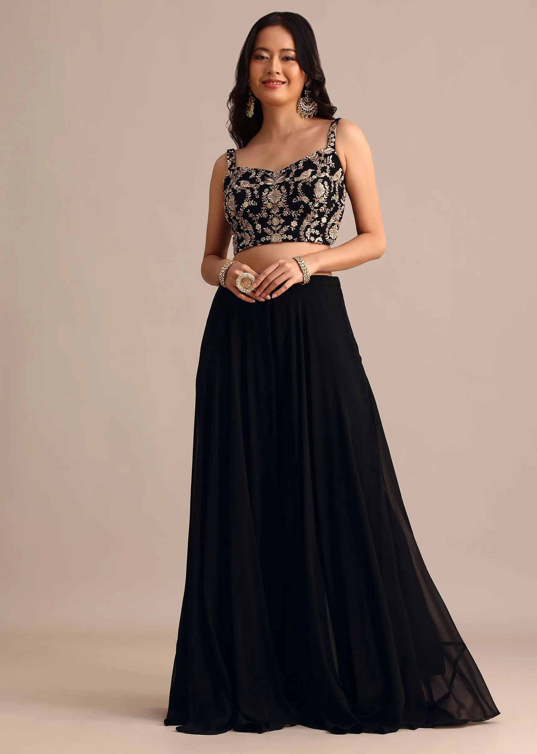 Black Embroidered Georgette Palazzo Suit With Long Embroidered Jacket