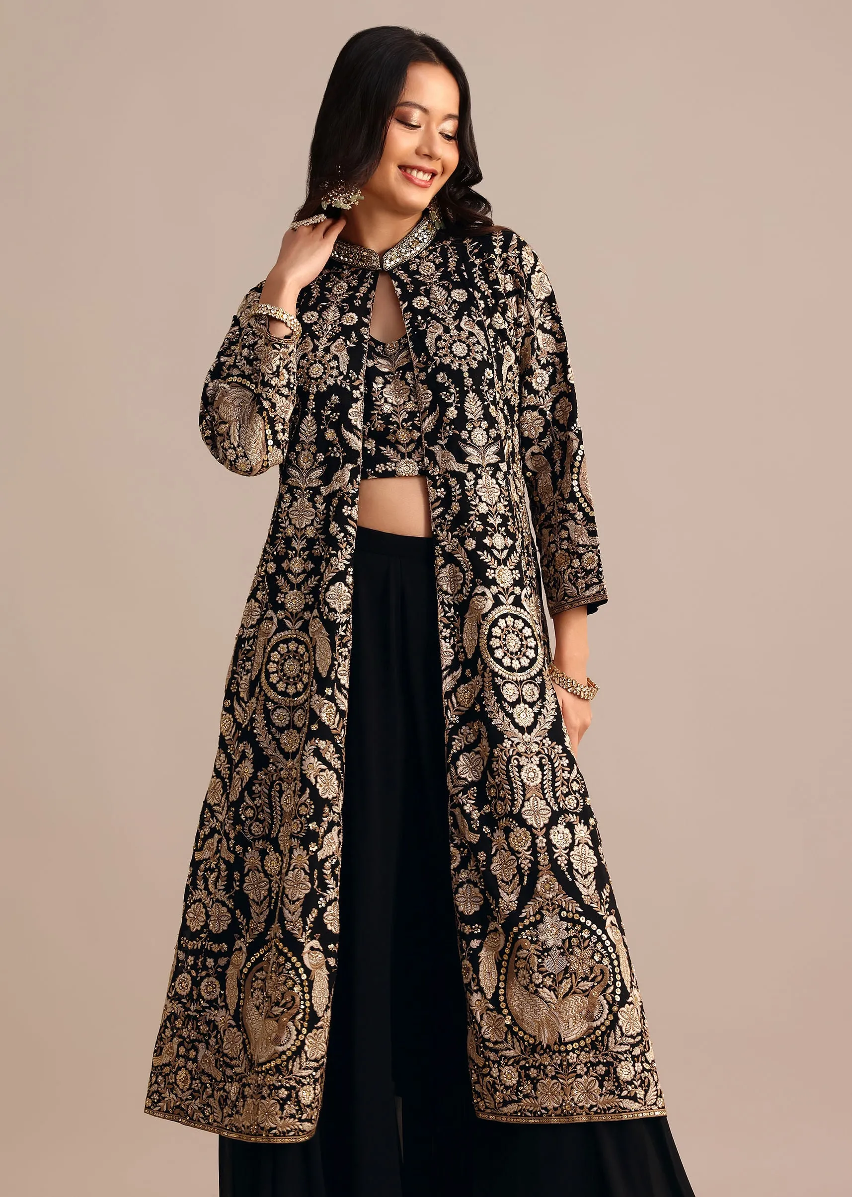 Black Embroidered Georgette Palazzo Suit With Long Embroidered Jacket
