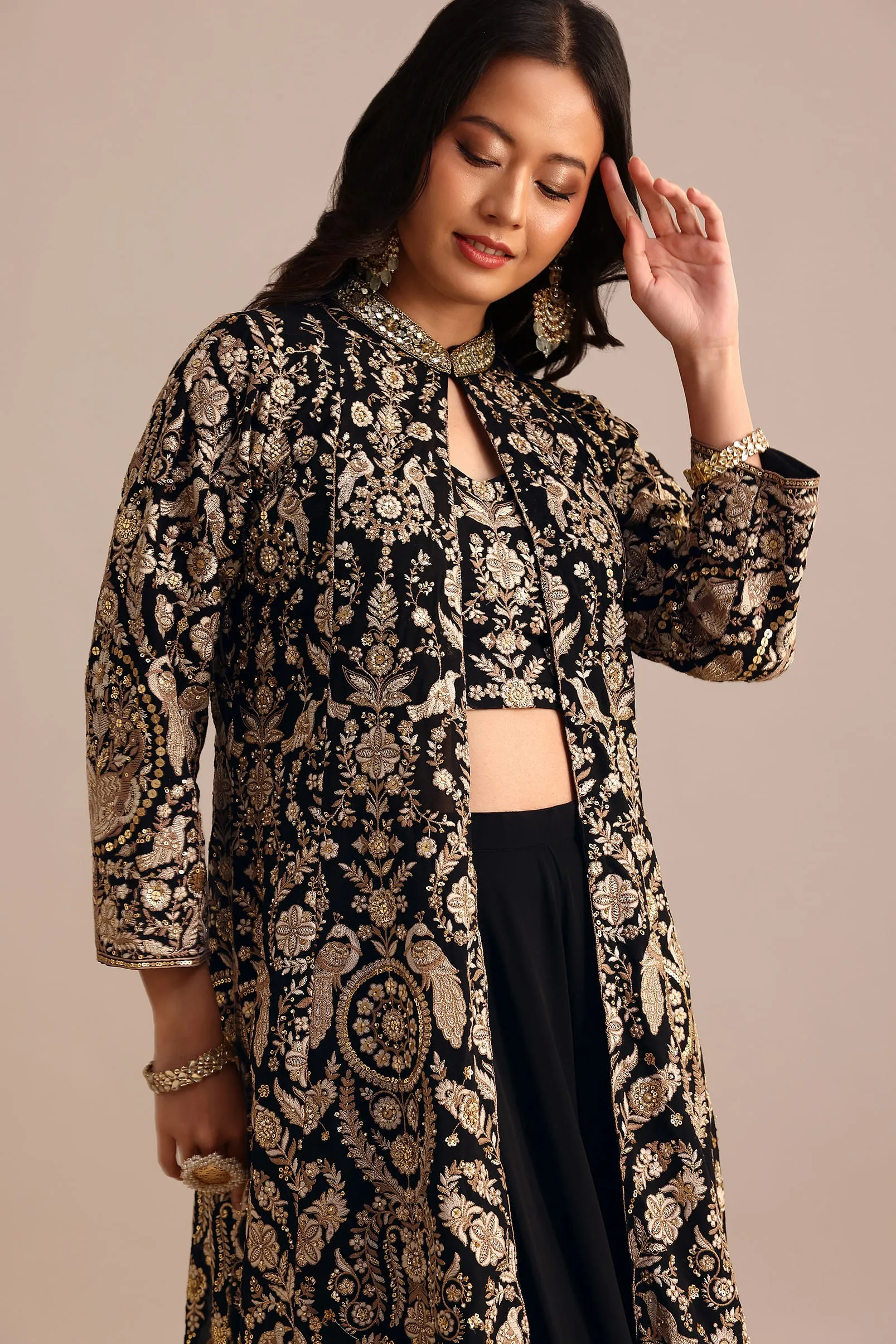 Black Embroidered Georgette Palazzo Suit With Long Embroidered Jacket