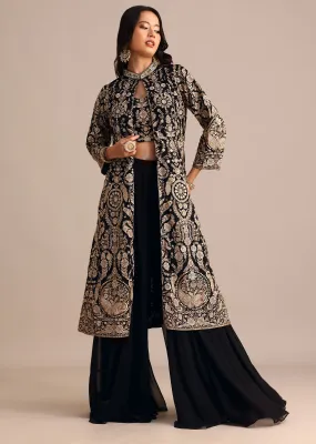Black Embroidered Georgette Palazzo Suit With Long Embroidered Jacket