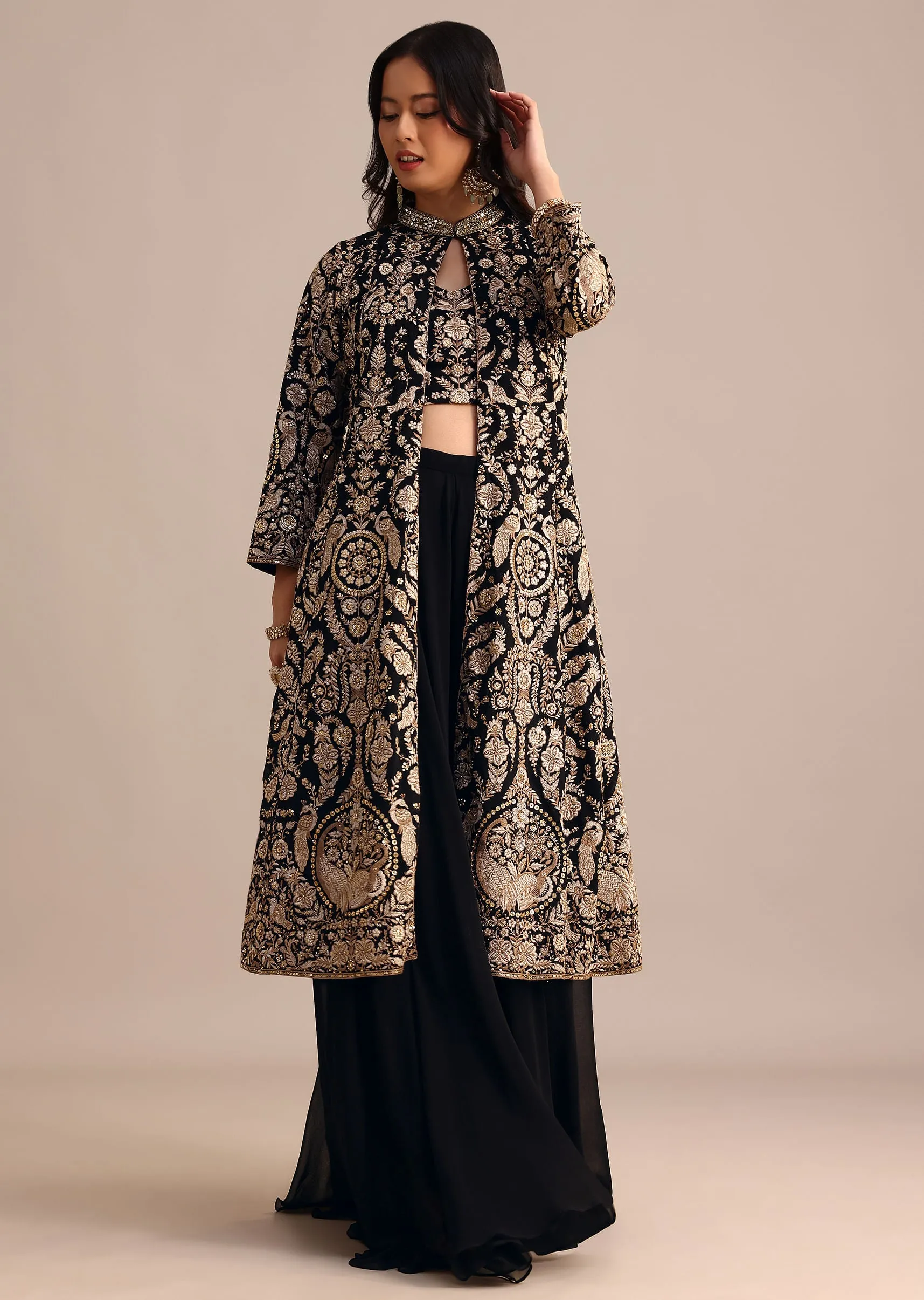 Black Embroidered Georgette Palazzo Suit With Long Embroidered Jacket