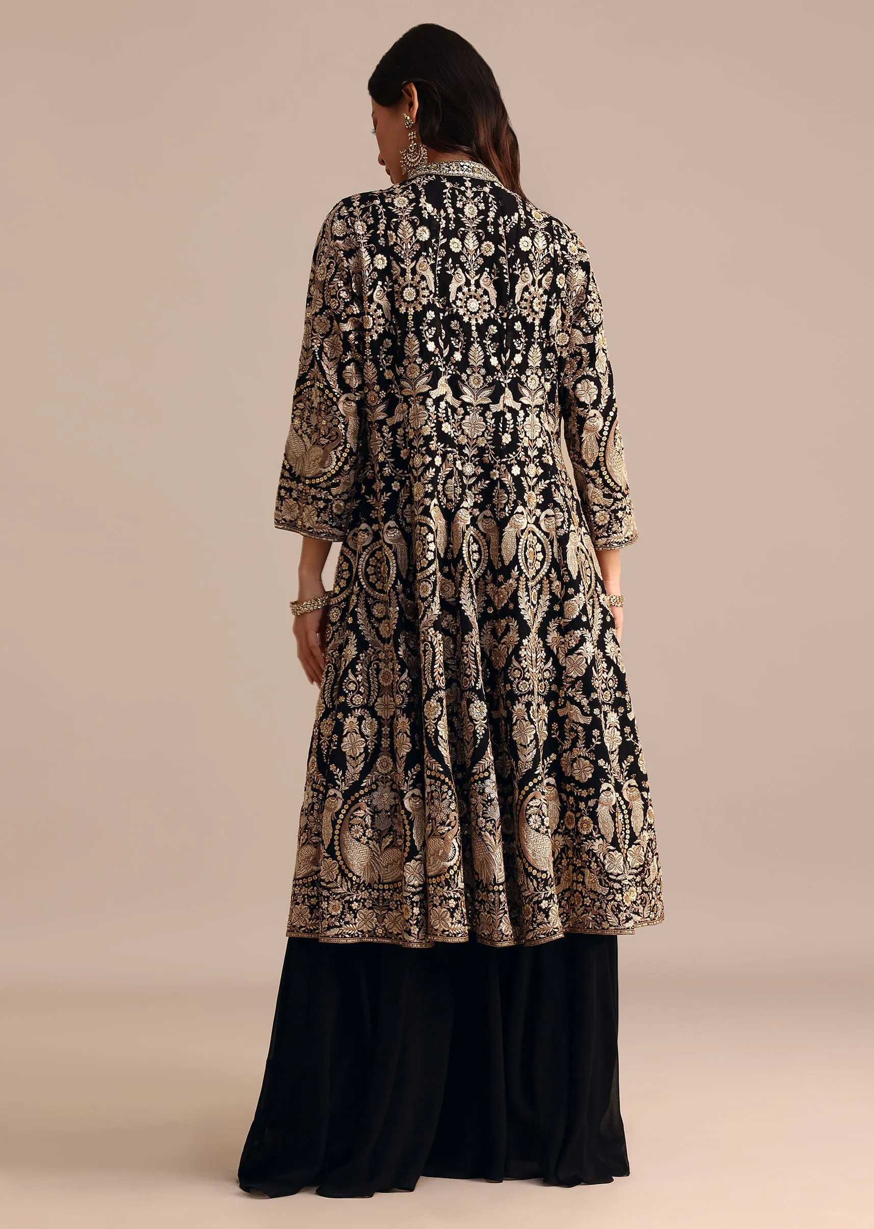 Black Embroidered Georgette Palazzo Suit With Long Embroidered Jacket