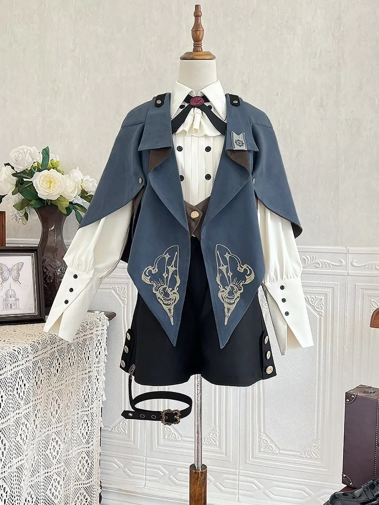 Blue and Brown Ouji Lolita Embroidery Details Pointed Hemline Cape