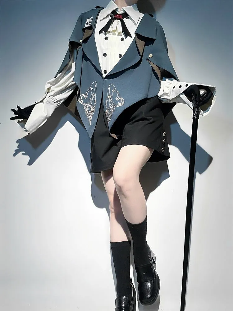 Blue and Brown Ouji Lolita Embroidery Details Pointed Hemline Cape