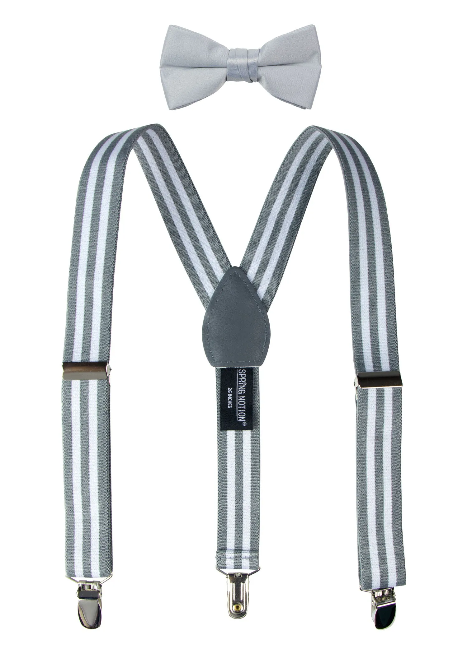 Boys' 4 Piece Suspenders Outfit, Light Grey/White/Grey w/White Stripes