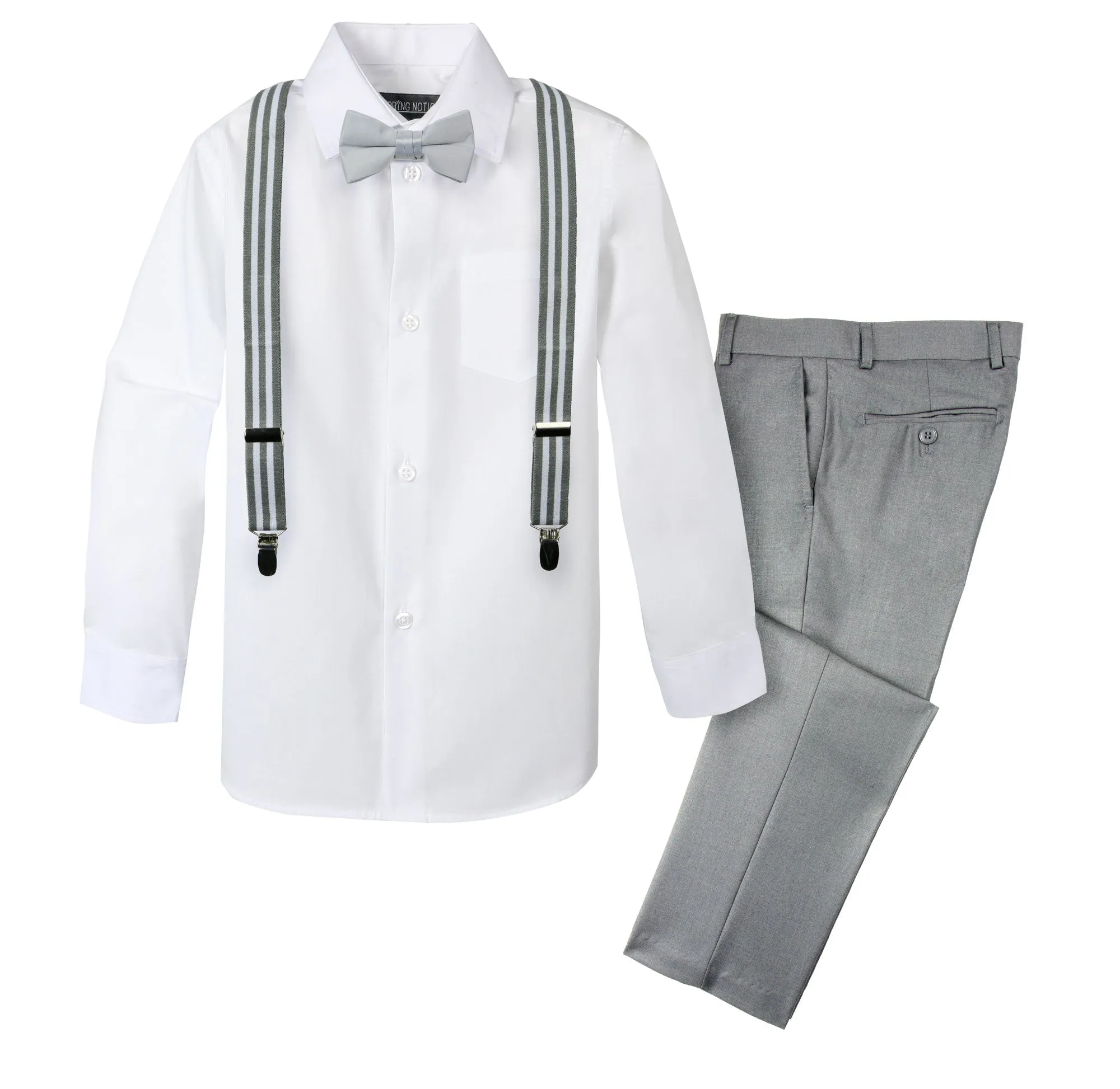 Boys' 4 Piece Suspenders Outfit, Light Grey/White/Grey w/White Stripes