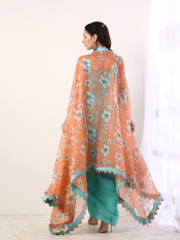 Coral Printed Cape With Teal Draped Dress (Set Of 3)