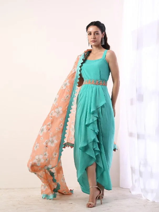 Coral Printed Cape With Teal Draped Dress (Set Of 3)