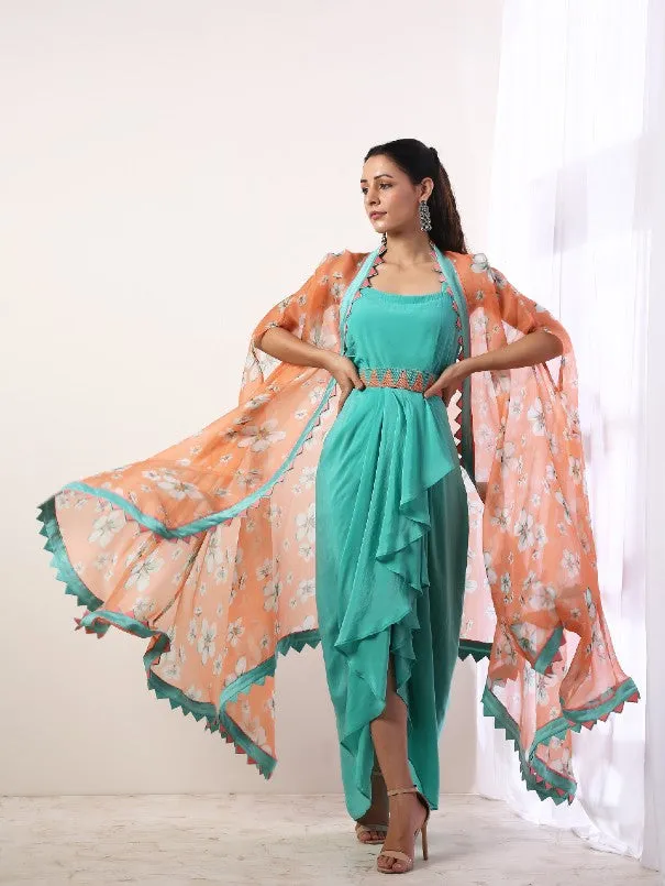 Coral Printed Cape With Teal Draped Dress (Set Of 3)
