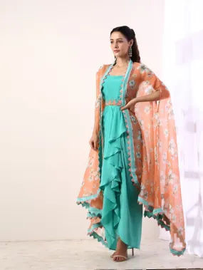 Coral Printed Cape With Teal Draped Dress (Set Of 3)