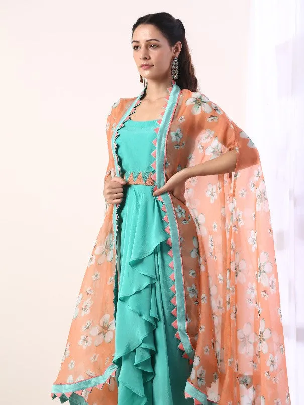 Coral Printed Cape With Teal Draped Dress (Set Of 3)