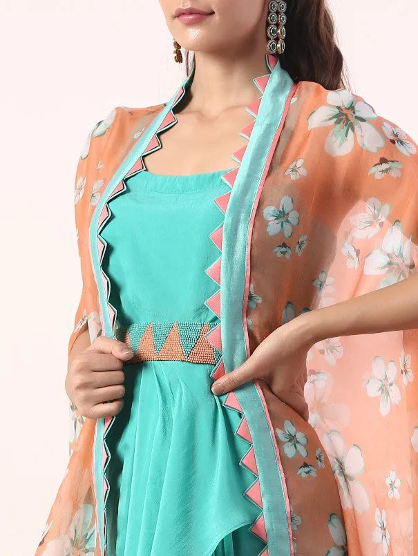 Coral Printed Cape With Teal Draped Dress (Set Of 3)