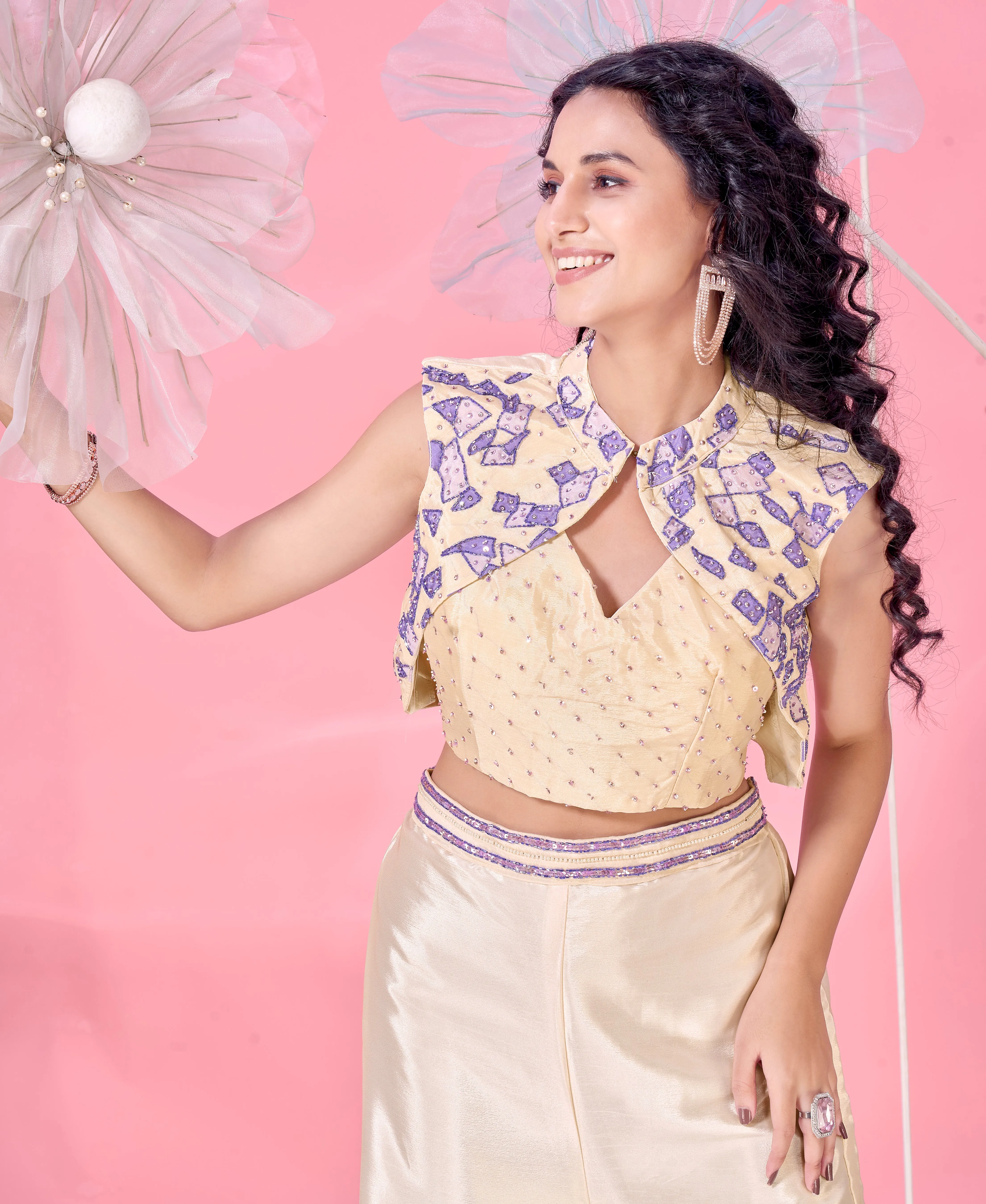 Cream and Blue Ready-to-Wear Crop Top Heavy Chinnon Embroidered Work With Sleevless Blouse
