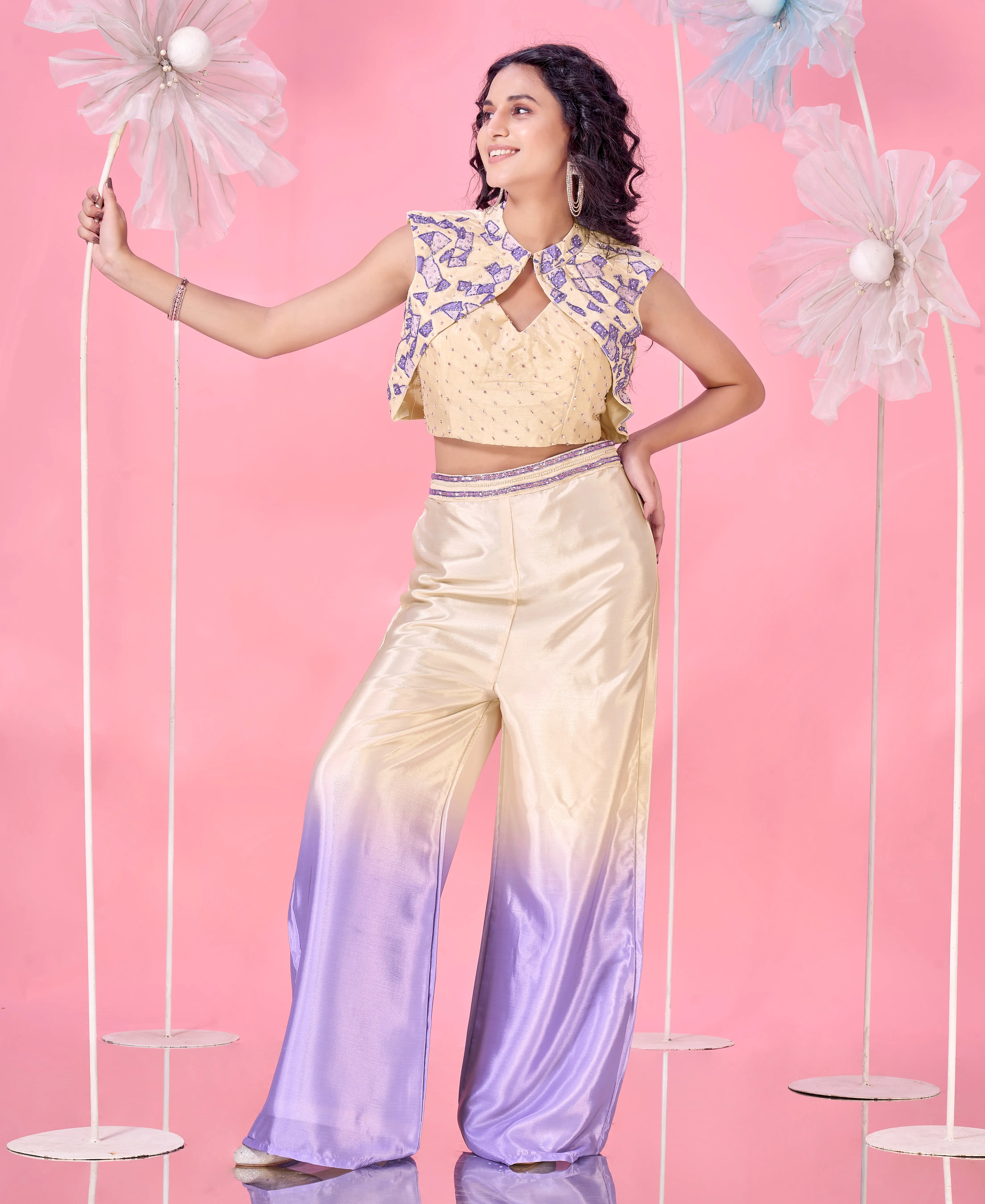 Cream and Blue Ready-to-Wear Crop Top Heavy Chinnon Embroidered Work With Sleevless Blouse