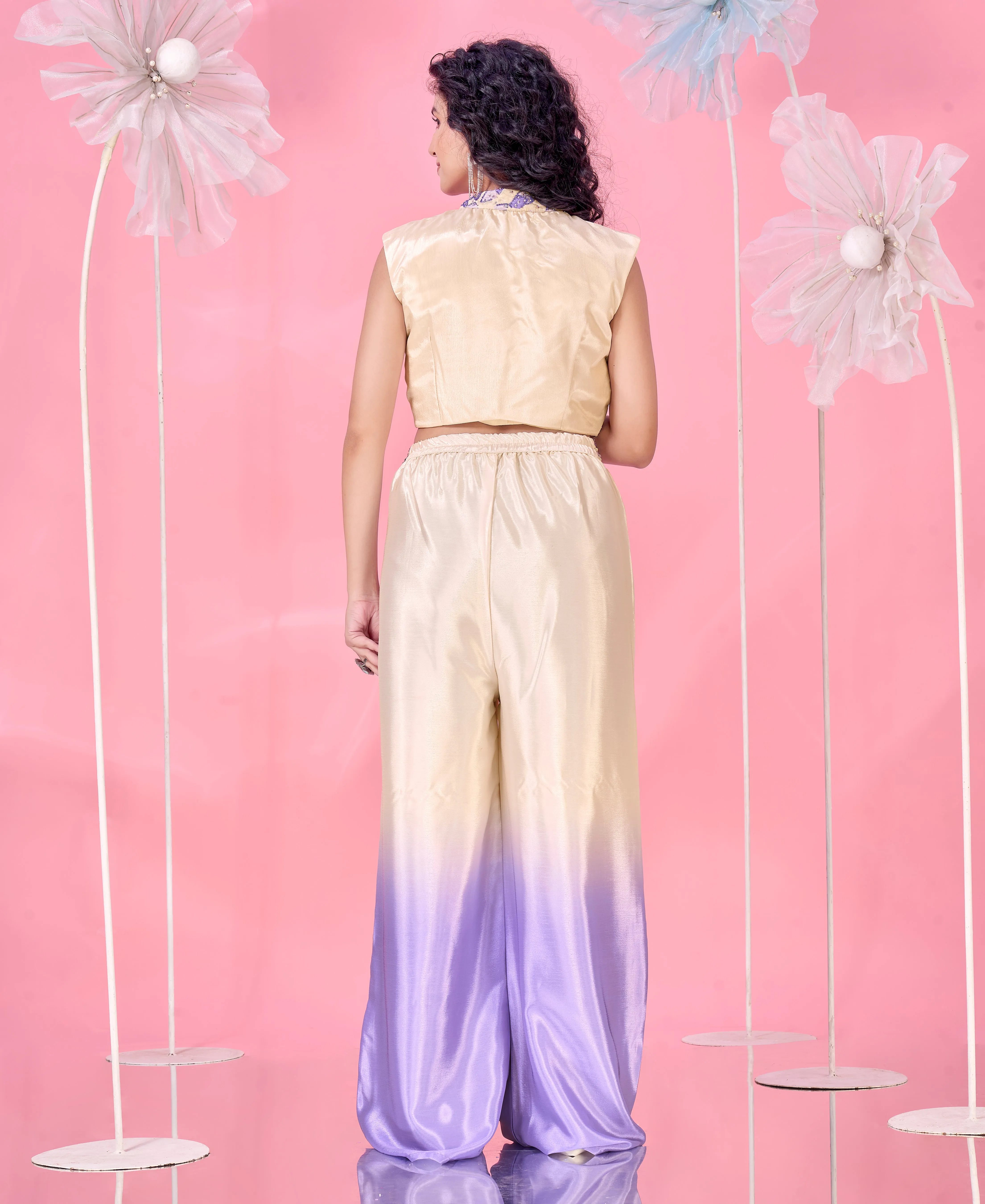 Cream and Blue Ready-to-Wear Crop Top Heavy Chinnon Embroidered Work With Sleevless Blouse