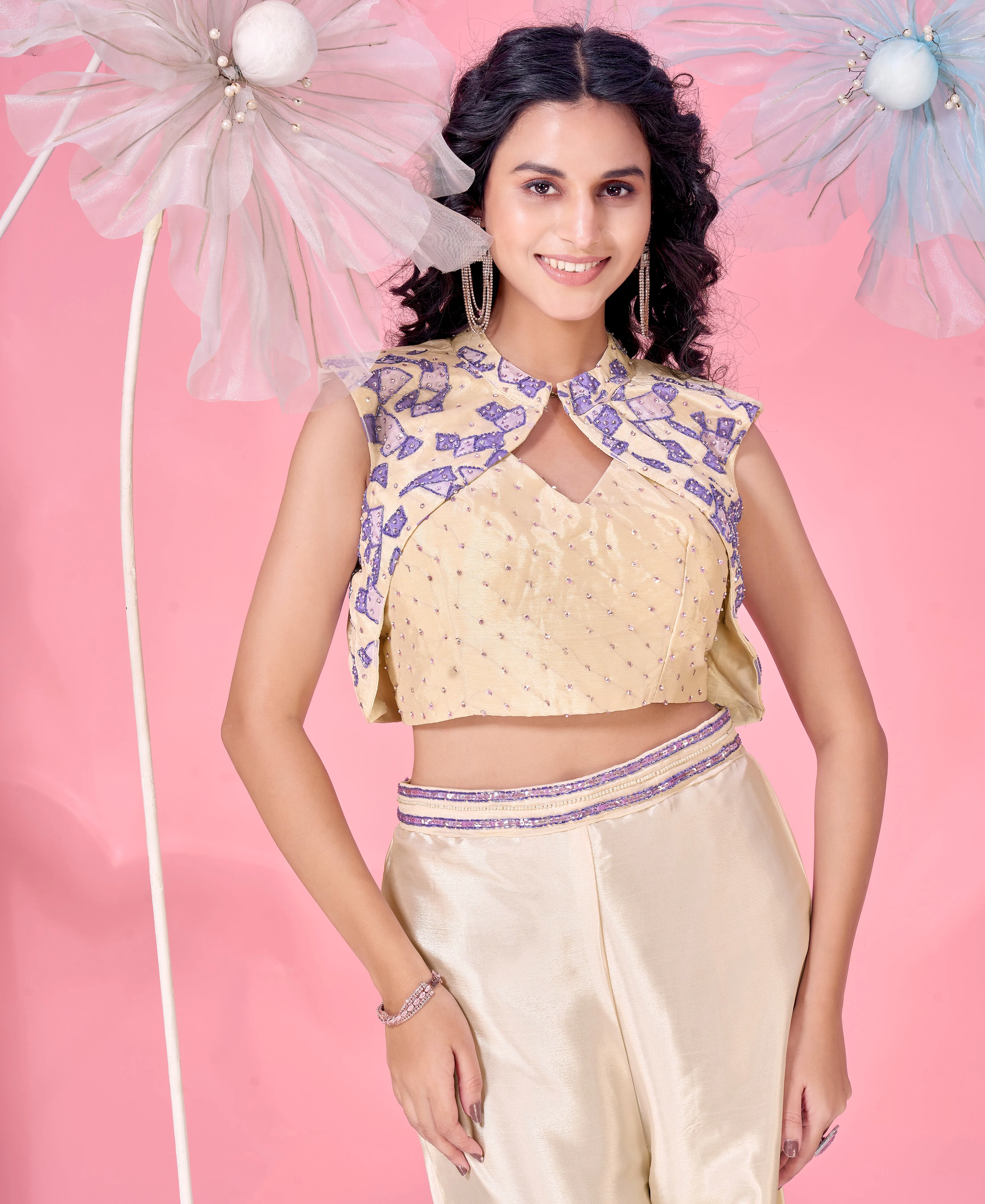 Cream and Blue Ready-to-Wear Crop Top Heavy Chinnon Embroidered Work With Sleevless Blouse
