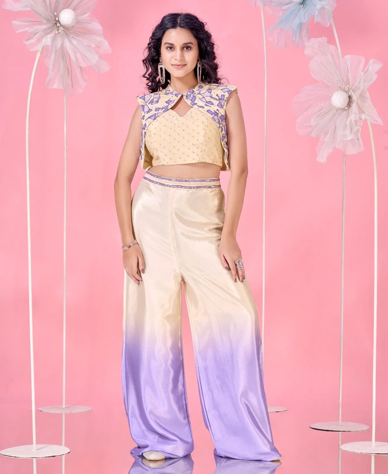 Cream and Blue Ready-to-Wear Crop Top Heavy Chinnon Embroidered Work With Sleevless Blouse
