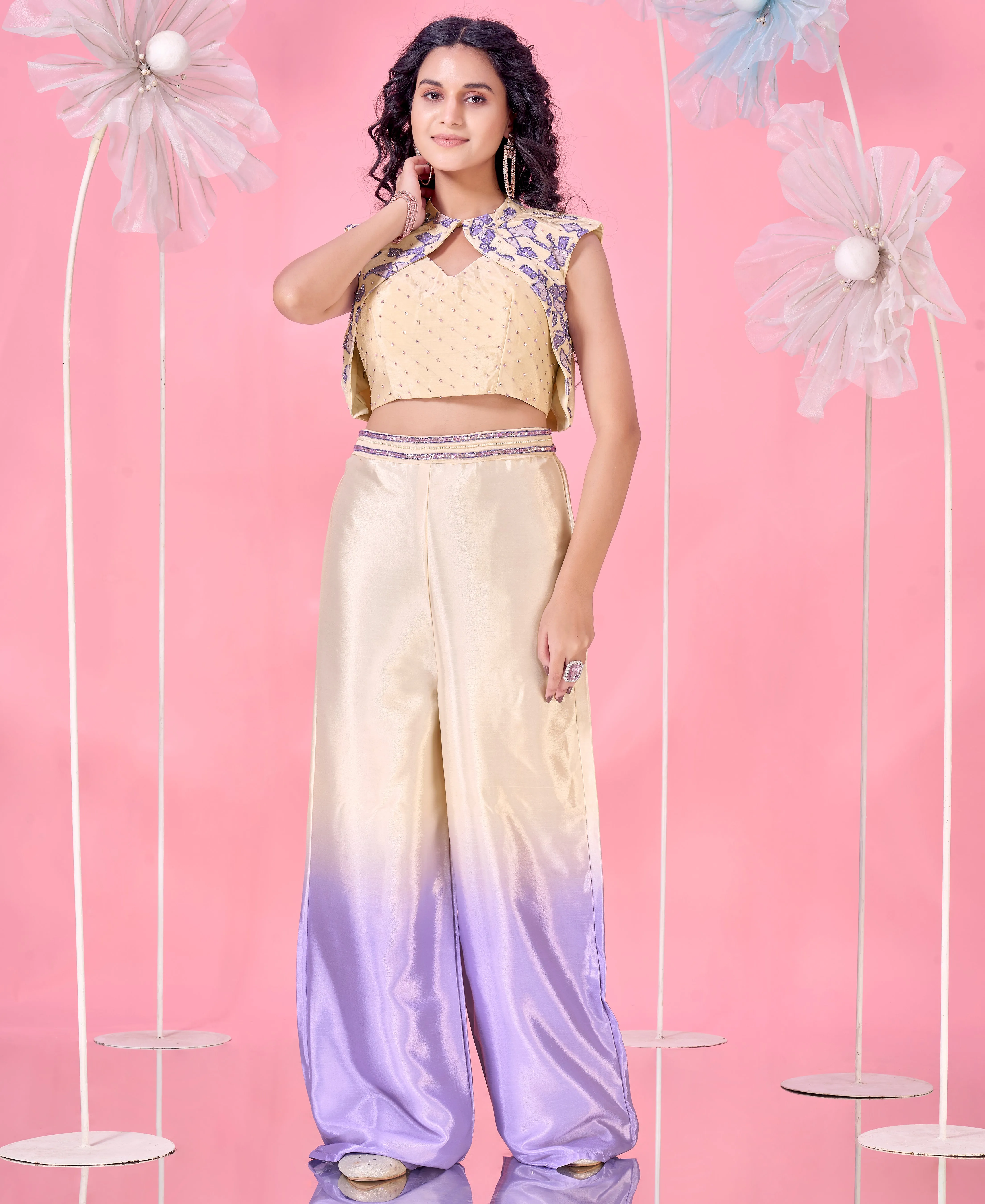 Cream and Blue Ready-to-Wear Crop Top Heavy Chinnon Embroidered Work With Sleevless Blouse