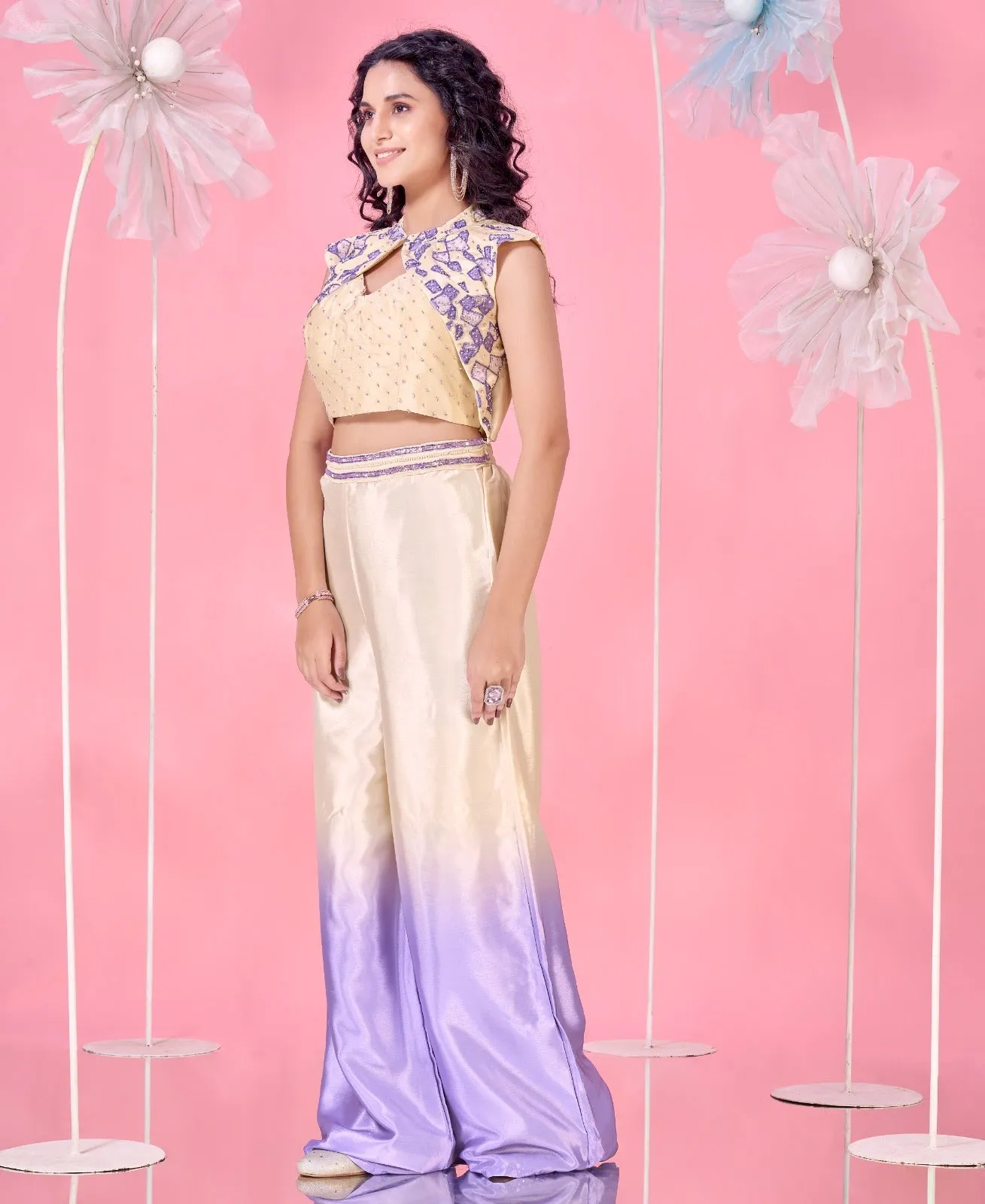 Cream and Blue Ready-to-Wear Crop Top Heavy Chinnon Embroidered Work With Sleevless Blouse