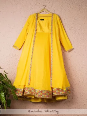 Dandelion Yellow Crop Top With Lehenga And Jacket ( Set of 3)