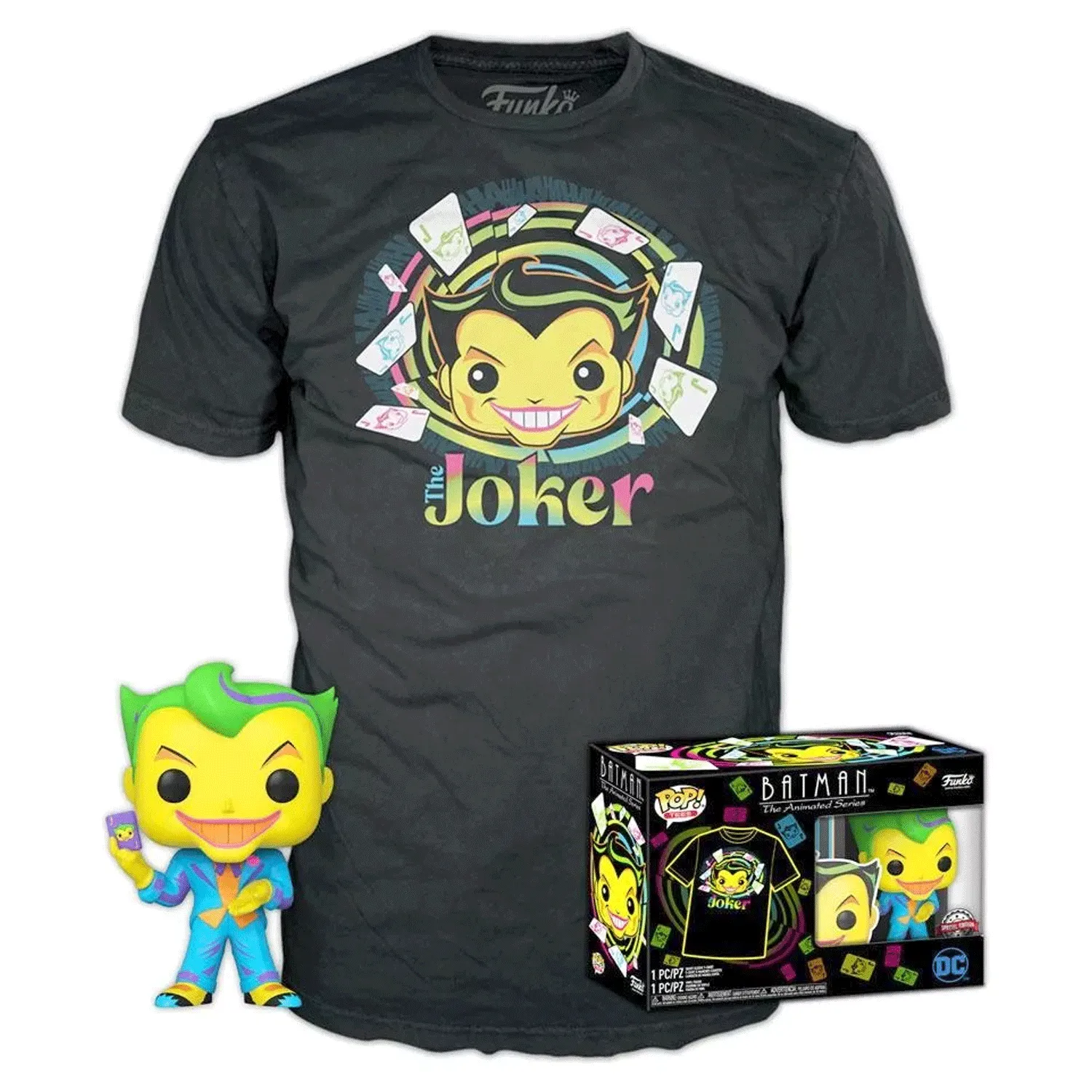 DC Comics Joker Blacklight Pop! Vinyl and Tee Set