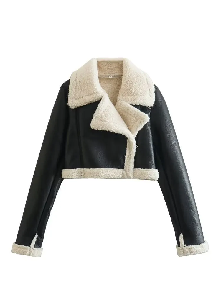Dicke Warme Faux Lammfell Ernte Jacke Mantel Vintage Langarm Front Zipper  Oberbekleidung Chic TopsFaux Shearling Biker Jacket
